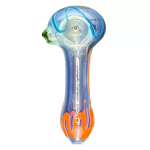 large glass bong with an orange and blue swirl pattern, featuring a large bowl and long neck with a downward pointing mouthpiece.