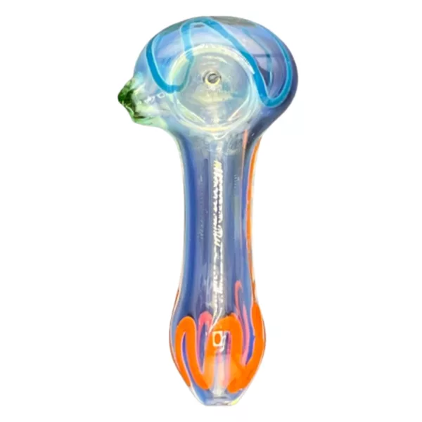 large glass bong with an orange and blue swirl pattern, featuring a large bowl and long neck with a downward pointing mouthpiece.