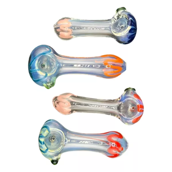 Smokey Squigs VS48 glass pipe features an eye-catching design with orange, blue, and yellow coloring.