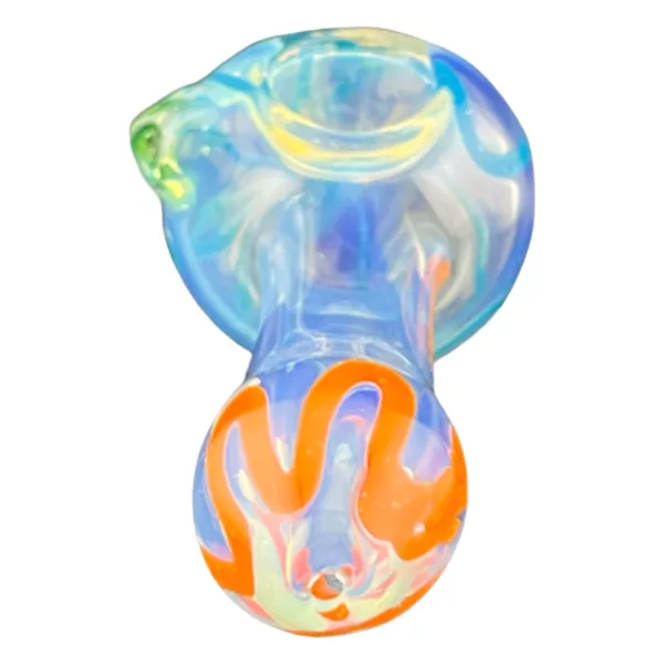 Attractive light blue glass pipe with orange swirls, clear stem and mouthpiece, and blue bands on filter and bowl. Perfect for artistic smokers.