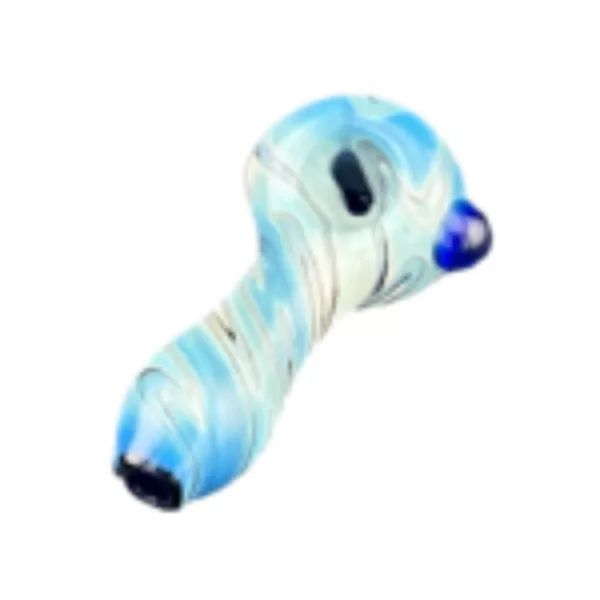 Swirled glass bubbler waterpipe with small chamber at end of stem.