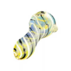 Milk Chocolate Fumed HP - Swirled yellow and blue mouthpiece with small white ring at top. Slightly higher angle view shows stem and bowl.