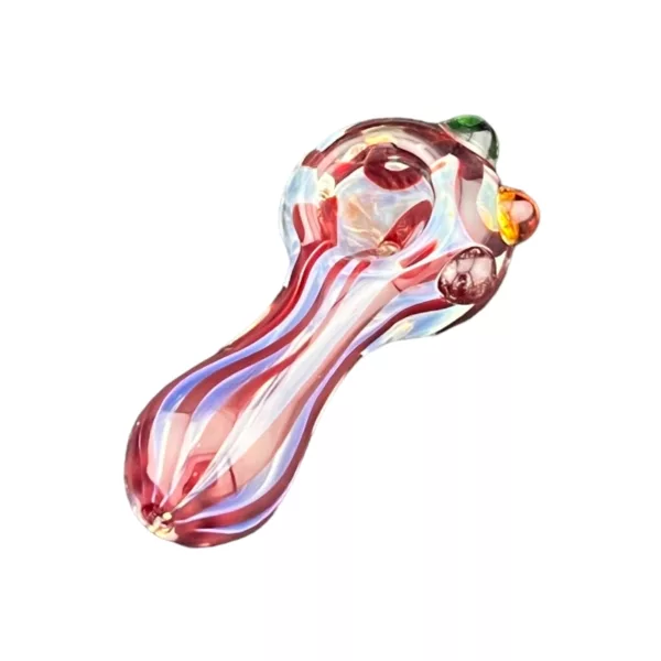 Colorful glass pipe with long, curved shape and striking design featuring interconnected circles and lines in red, blue, and green. Small round bowl and stem with clear glass and round knob.