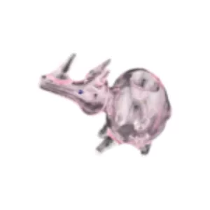 small, pink rhinoceros-shaped vaporizer with large, black eyes and transparent body.