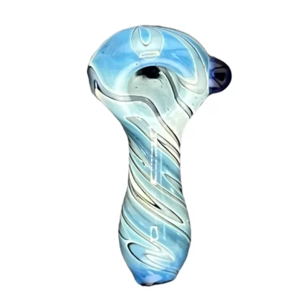 Elegant blue and white glass waterpipe with swirling design and white stars.