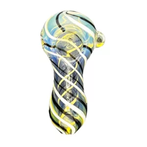 Swirled glass water pipe with blue and yellow stripes, black handle. #CCWPF292