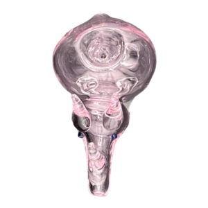 A pink and purple smoking pipe with an intricate rhinoceros design and flared mouthpiece.