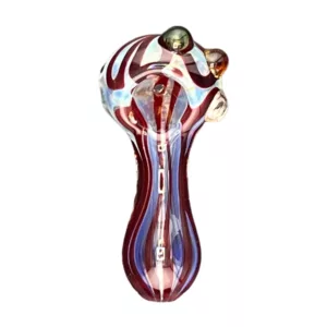 Clear glass F150 HP pipe with swirled red, blue, and green design, long curved shape, small round base, and long curved neck. White background.
