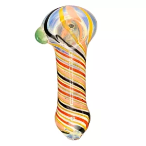 Multicolored, glass art piece with a curved shape and swirled pattern, suitable for decorative use.