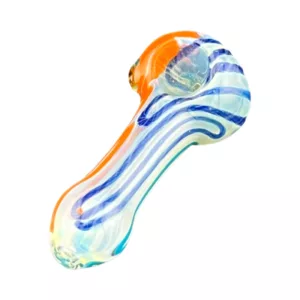 Colorful, swirling glass pipe with orange, blue, and white design. Shiny and reflective surface.