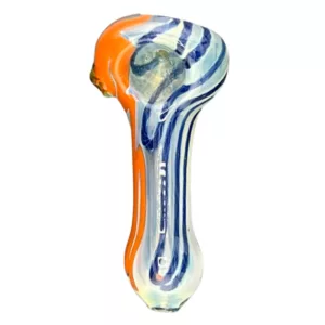 Striped blue, white, and orange smoking pipe with a unique design.
