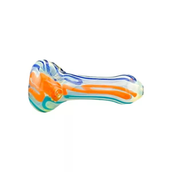 A unique glass pipe with a swirled design in blue, orange, and yellow, featuring a small bowl and stem for smoking.