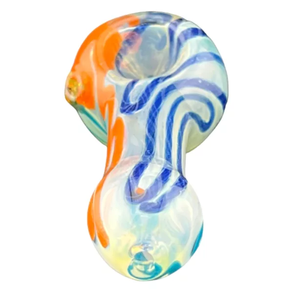 Hand-shaped smoking pipe with blue, orange, and yellow swirl design. VS51 model.