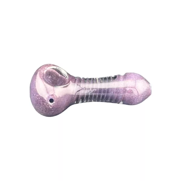 Smooth, curved purple glass pipe with small round base for adult use.