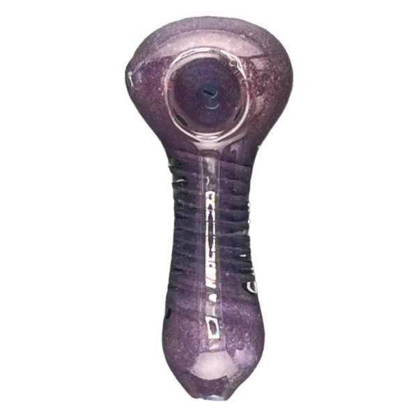 Handmade purple and clear glass bong with spiral shape, long slender body, bulbous base, and narrow neck for a unique smoking experience.