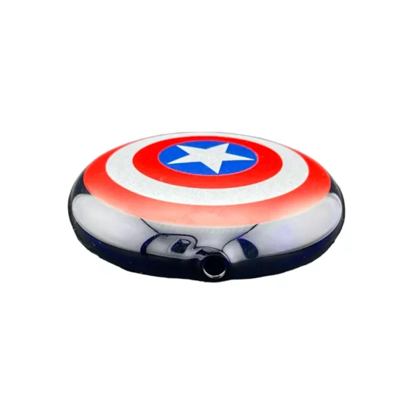 A round metal Captain's Shield Hand Pipe with a red, white, and blue design on a white background.