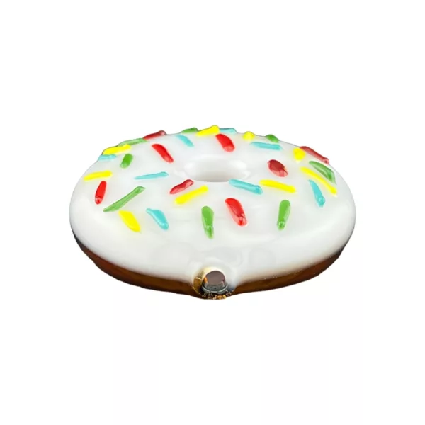 Close-up image of a freshly baked, fluffy white glazed donut with colorful sprinkles on top, displayed on a white background.