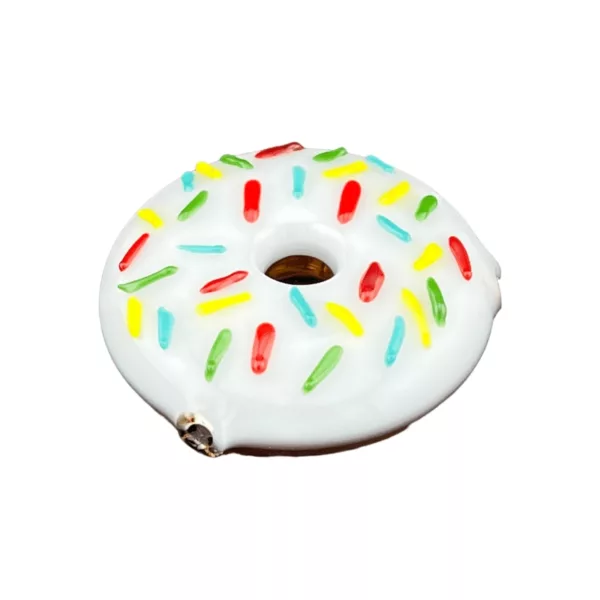 White doughnut-shaped hand pipe with colorful sprinkles on a white background, representing Sprinkle Donut Hand Pipe - CCWPF352.