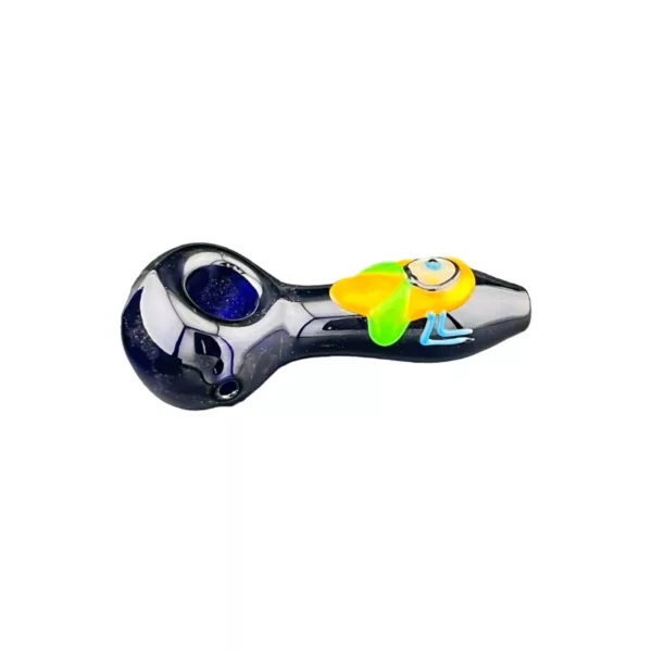 Smooth blue plastic pipe with yellow cartoon bug design for smoking tobacco.