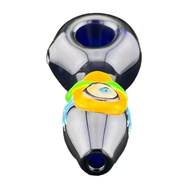 Yellow/blue striped plastic bubbler with bug eye base and colored ring. Grooved design and clear tubing. #CCWPF345