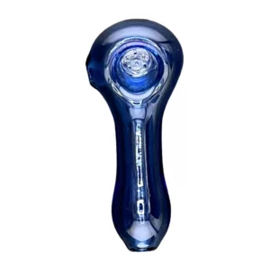 Stylish blue glass pipe with reflective finish and small circular base.