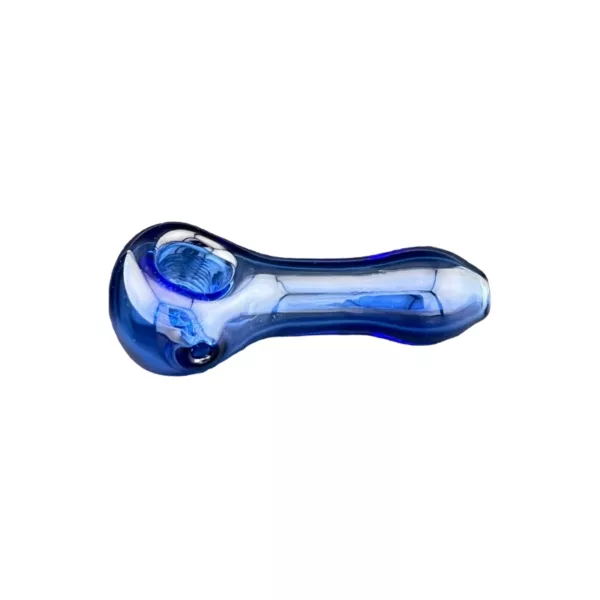 Blue glass pipe with curved, cylindrical body, flared bowl, and wide flat rim. Short, thin stem with glossy finish and visible imperfections.