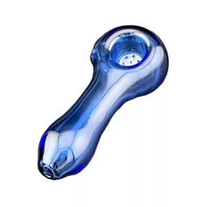The Lucky Screen Pipe by CCWPF313 is a blue glass pipe with a long, curved shape and small, round base. It has a small, round bowl and long, curved stem with a small, round base at the end. The base has a small, round hole surrounded by blue lines, and the bowl is surrounded by blue lines as well.