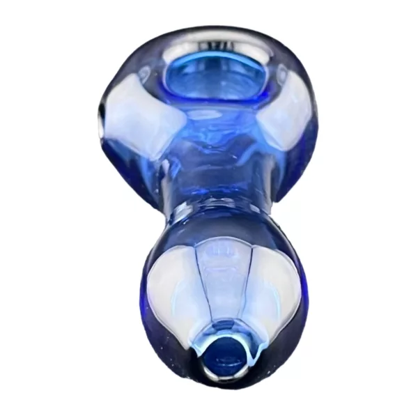 Hand-held glass pipe with blue glass bowl and clear stem. Perfect for smoking tobacco or other substances.