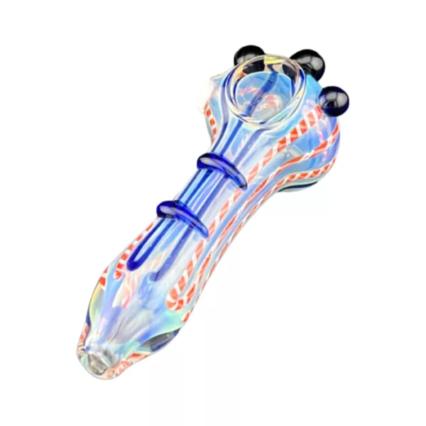 Blue and red striped pipe with white bowl and red stem. Colored Nubs HP - VS1.