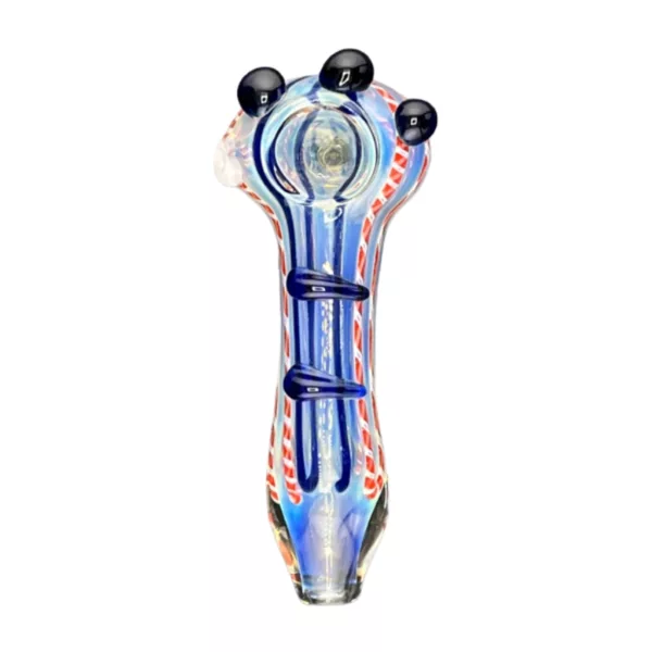 Handmade glass art pipe with blue, pink, and white colors and intricate designs. Long and slender with a small bowl for tobacco.