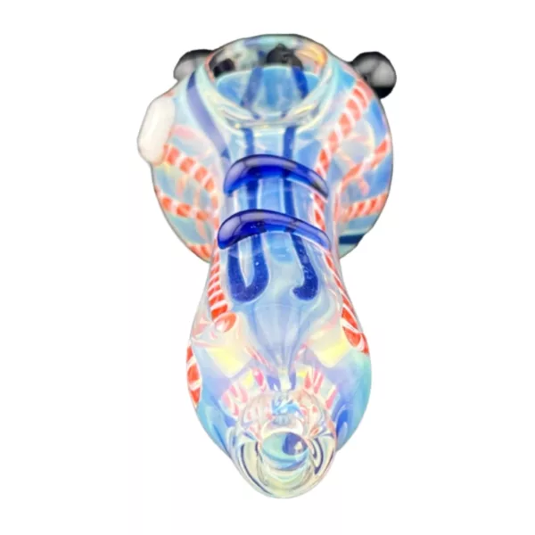A clear glass bubbler with a blue, red, and white spiral swirl pattern, large top opening, small bottom opening, and round body with a small knob for on/off.