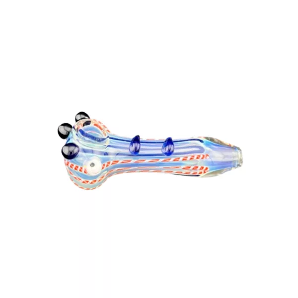 Handcrafted glass nugget holder with blue, purple, and orange stripes. Colored nuggets included. Perfect for smoking.