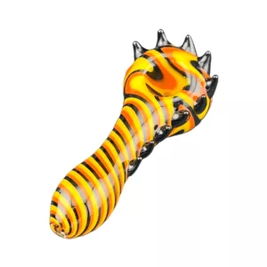 Yellow and black striped glass pipe with spiked end - Horny Lizzard HP.