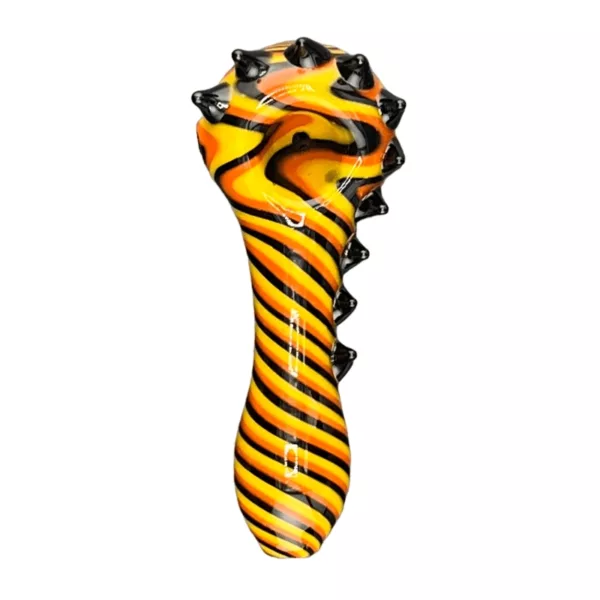 Glass pipe with black and yellow stripes, abstract shape on end, likely made of glass, cylindrical shape.