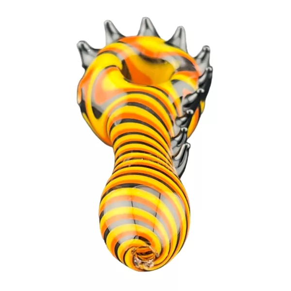 Yellow glass pipe with black and white stripes, featuring a spiral pattern on the exterior.