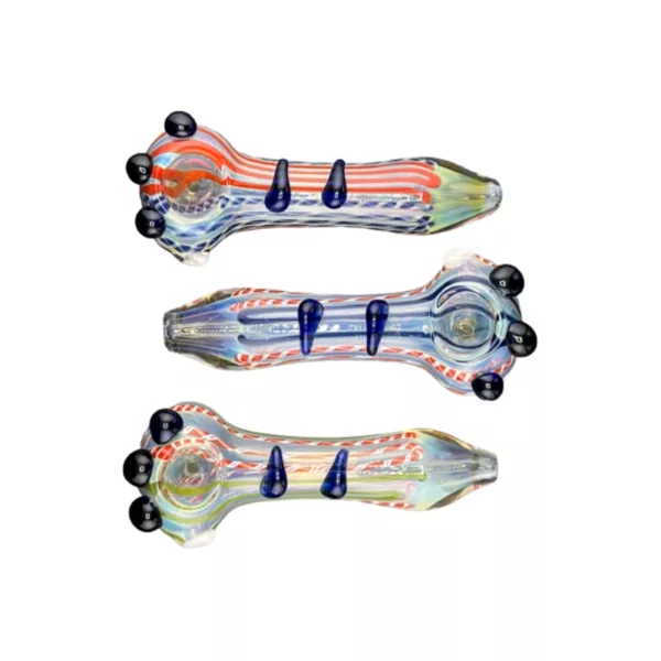 Set of three glass pipes with different colored and striped designs. White background. Different bowl shapes and sizes.