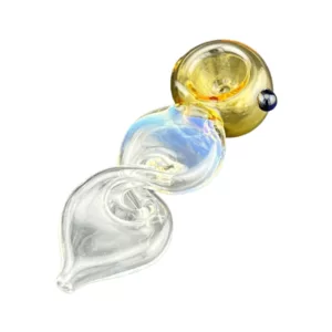 Handcrafted glass pipe with clear and colored twists, smooth surface, and straight base. No stem or base attached.