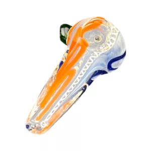 A sleek, modern glass pipe with an orange and blue swirl design on the body and a green stem, featuring a small, round bowl and a long, curved mouthpiece.