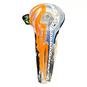 Glass pipe with orange and white swirl design, small round base, long curved neck, and bird beak mouthpiece. Clear base with circular hole. Modern abstract design.
