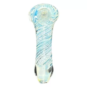 Large, stylish glass bong with white and blue swirl design. Metal stem and glass bowl with clear, blue and white swirl. Slightly dirty base and worn stem, but overall good condition.