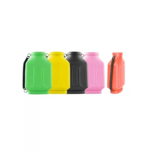 set of five plastic containers in different colors, with handles on the side and a clear, rectangular shape with rounded edges. They are marketed as a storage solution for smoking materials.