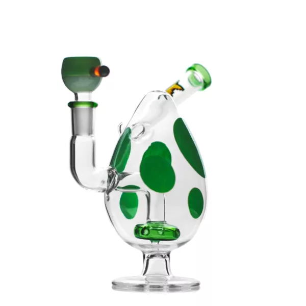 Unique glass bong with Yoshi egg design, green base with polka dots, clear tube, removable downstem, and white/black polka dot cover.