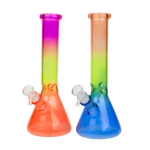 Rainbow-colored glass pipe with transparent body, opaque neck, triangular shape, small knob on bottom, wide opening on top, and polished top. Two small holes on neck.
