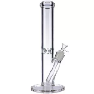 A clear, cylindrical glass bong with a small circular base.