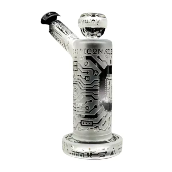 Glass bong with clear bowl and black/white stem featuring geometric patterns. Small round base. Milky Hammer Rig - GB428.