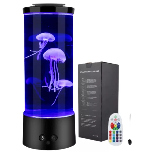 A blue jellyfish lamp in the shape of a water pipe made of clear glass with a black base and remote control. Brand: QGPJLA1.