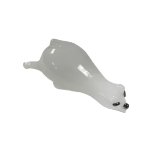 White glass seal hand pipe with black spot on head, straight cylinder shape, curved mouthpiece, and removable bowl.