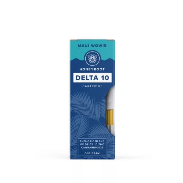 Delta 10 Cartridge - Honeyroot, from a reputable smoking company, comes in a white box with a blue label and features the brand name prominently.