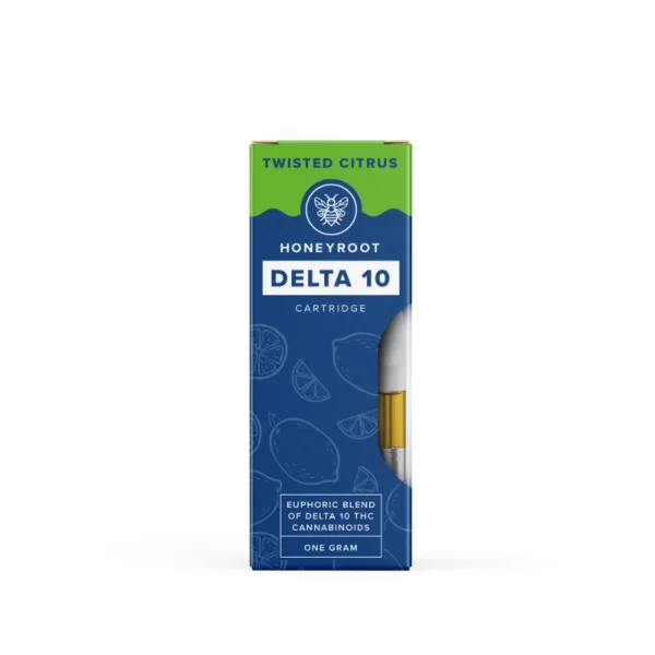 Honeyroot's Delta 10 Cartridge features a white and blue/green packaging with a clear plastic window. The product is a small container with a white cap and a blue/green label.