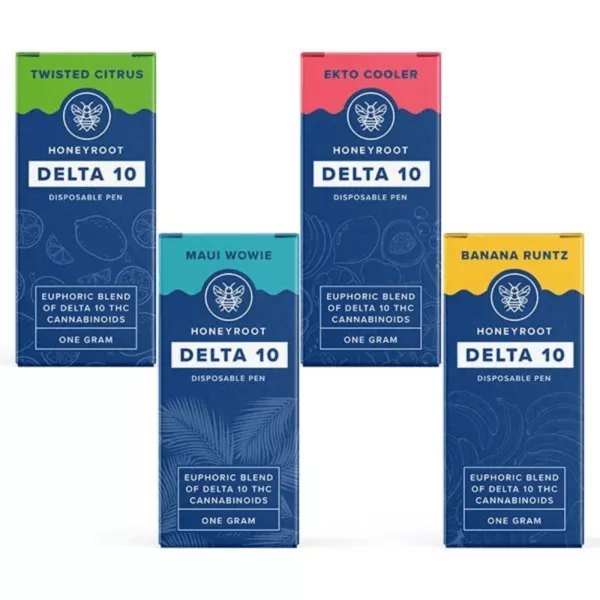 Delta 10 Disposable - Honeyroot comes in 3 colors (blue, green, purple) with white accents and labels, all in the same shape and size.